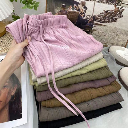 (READYSTOCK) New High Waist Wide Leg Pants Women's Summer Casual Elastic Waist Ice Silk Trousers A16546 女士夏季休闲冰丝长裤