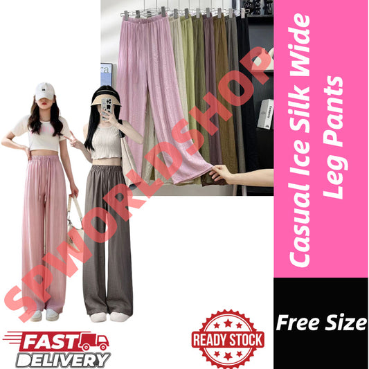 (READYSTOCK) New High Waist Wide Leg Pants Women's Summer Casual Elastic Waist Ice Silk Trousers A16546 女士夏季休闲冰丝长裤