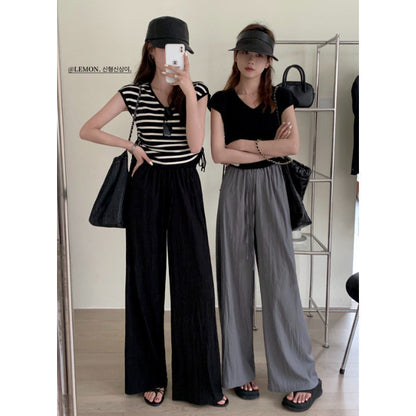 (READYSTOCK) New High Waist Wide Leg Pants Women's Summer Casual Elastic Waist Ice Silk Trousers A16546 女士夏季休闲冰丝长裤