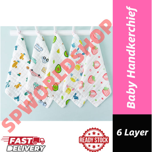 READY STOCK!!!! 6 Layers Baby Handkerchief Infant Towel Newborn Face Bath Towel Cotton Bib Bayi Sapu tangan