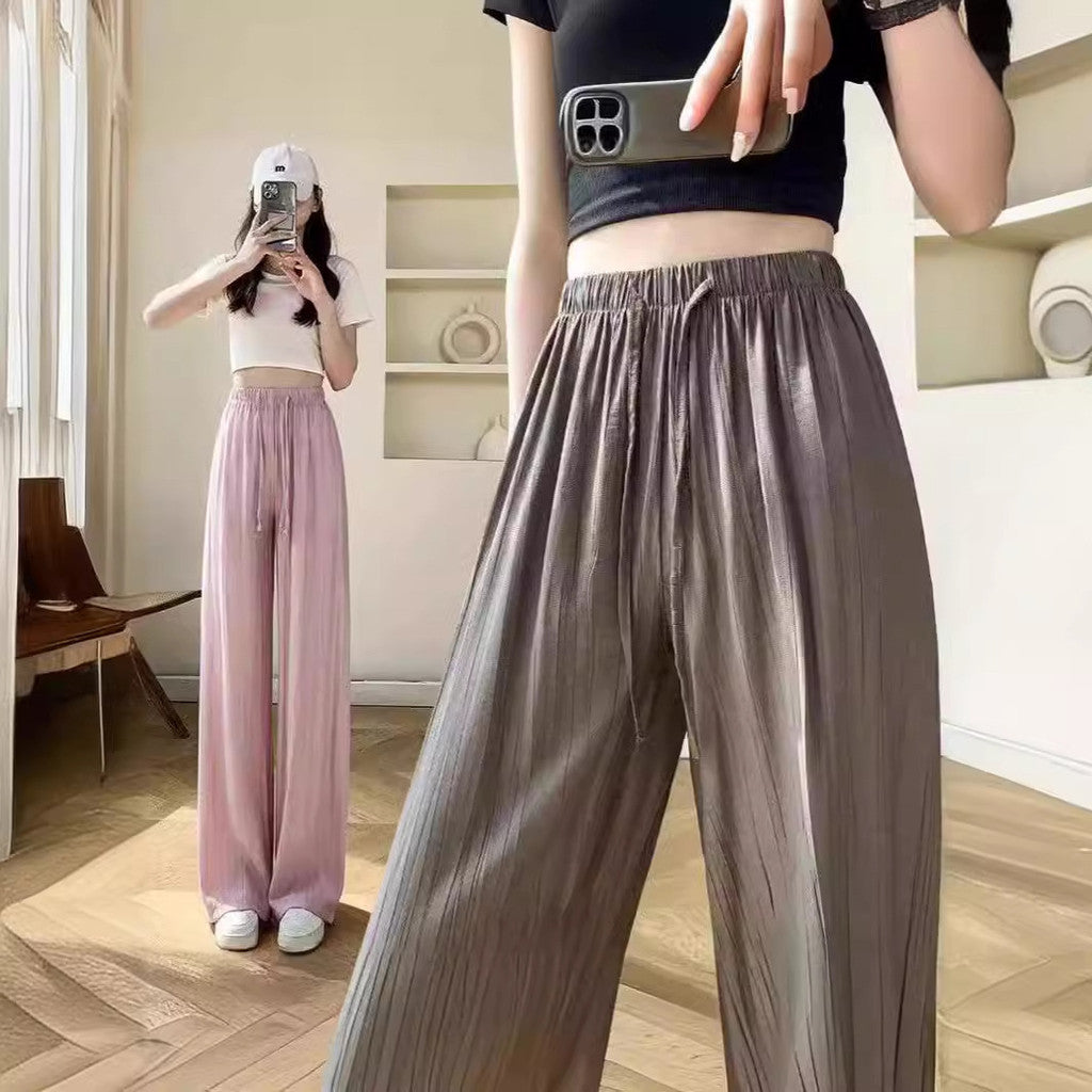 (READYSTOCK) New High Waist Wide Leg Pants Women's Summer Casual Elastic Waist Ice Silk Trousers A16546 女士夏季休闲冰丝长裤