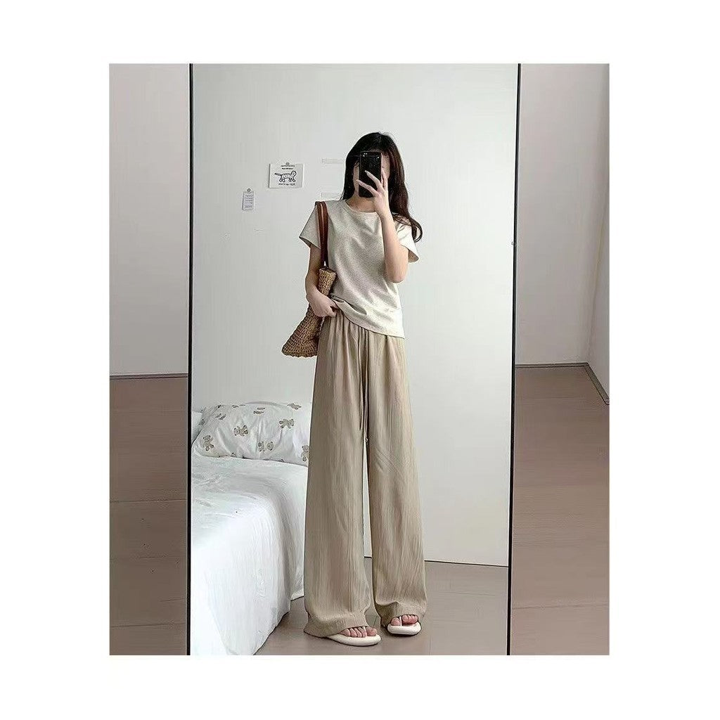 (READYSTOCK) New High Waist Wide Leg Pants Women's Summer Casual Elastic Waist Ice Silk Trousers A16546 女士夏季休闲冰丝长裤