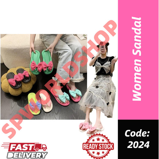 [READY STOCK ] Women's Ribbon Bow Tie design Beach Wear Flat Flip-Flop Casual 2024 Kasut Riben Selipar Perempuana 2024