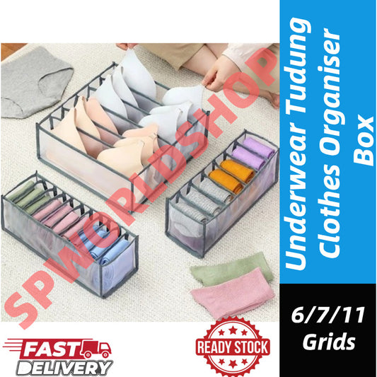 READY STOCK!!! 6/7/11 Grids Underwear Tudung Clothes Organiser Box Stackable Wardrobe Drawer Socks Storage Box 内衣裤收纳盒