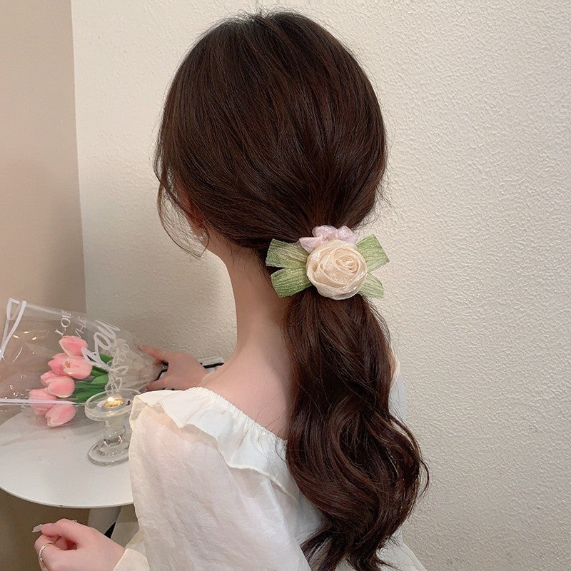 Elegant Ladies Net Yarn Rose Flower Hair Rope Fashion Elastic Sweet Hair Scrunchies-FGH02