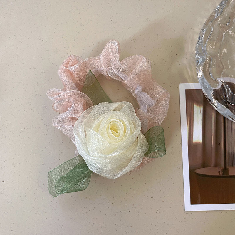 Elegant Ladies Net Yarn Rose Flower Hair Rope Fashion Elastic Sweet Hair Scrunchies-FGH02