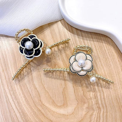 Retro Pearl Camellia Bow Hair Clips Fashion Metal Shark Clips Elegant Ponytail Headwear Hair Accessories-CSW1021