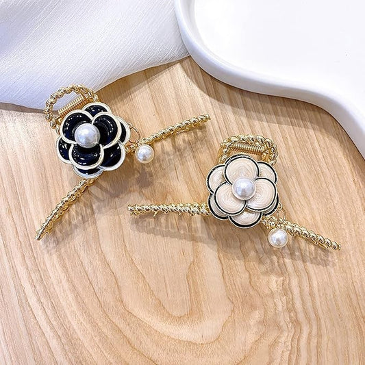 Retro Pearl Camellia Bow Hair Clips Fashion Metal Shark Clips Elegant Ponytail Headwear Hair Accessories-CSW1021