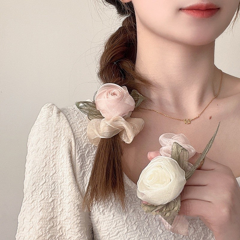 Elegant Ladies Net Yarn Rose Flower Hair Rope Fashion Elastic Sweet Hair Scrunchies-FGH02