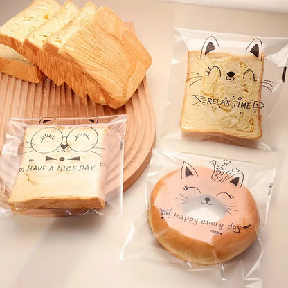 Cute Cartoon Transparent Self-adhesive Bread Bag Oil-proof Large Capacity Portable Bread Treat Bags-15180PP