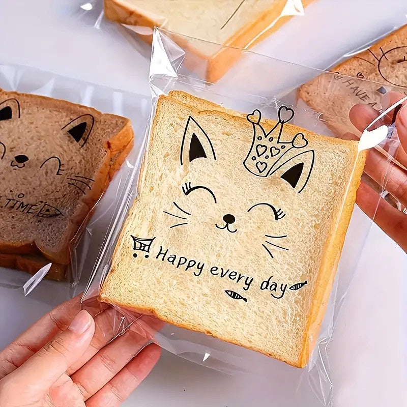 Cute Cartoon Transparent Self-adhesive Bread Bag Oil-proof Large Capacity Portable Bread Treat Bags-15180PP