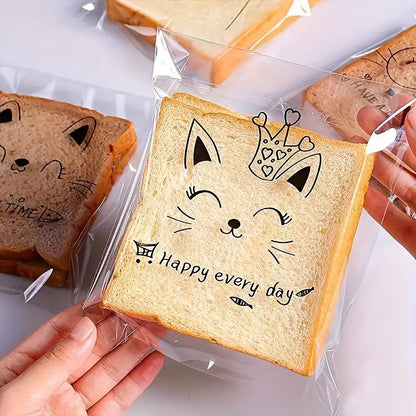 Cute Cartoon Transparent Self-adhesive Bread Bag Oil-proof Large Capacity Portable Bread Treat Bags-15180PP