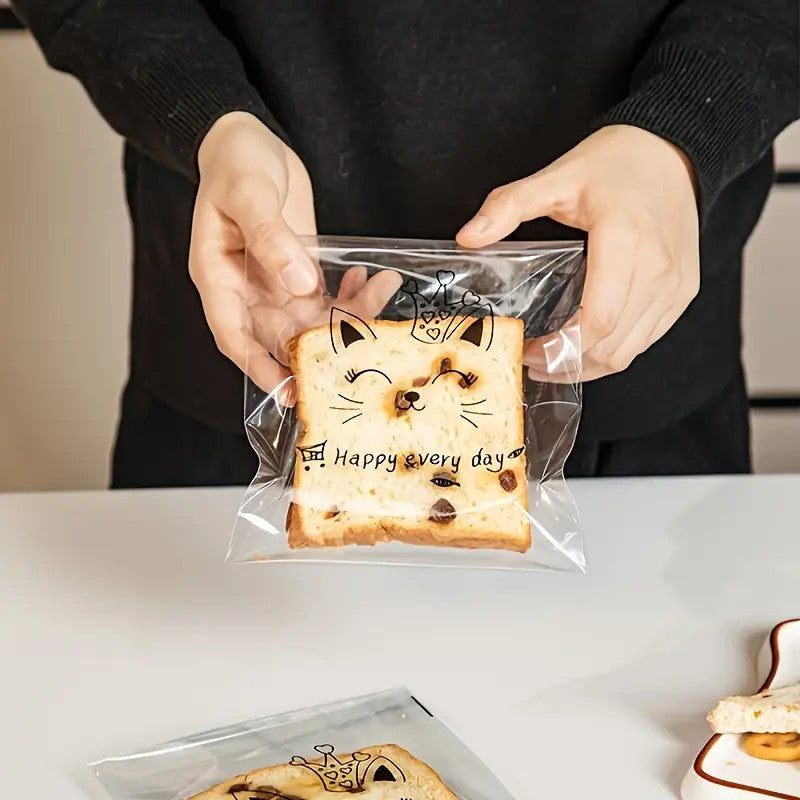 Cute Cartoon Transparent Self-adhesive Bread Bag Oil-proof Large Capacity Portable Bread Treat Bags-15180PP