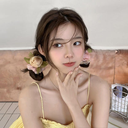 Elegant Ladies Net Yarn Rose Flower Hair Rope Fashion Elastic Sweet Hair Scrunchies-FGH02