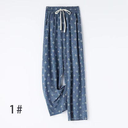 【FreeSize】Versatile Thin High-Waist Ice Silk Denim Straight-Leg Cool Pants Wide-Leg Loose Casual Pants J001