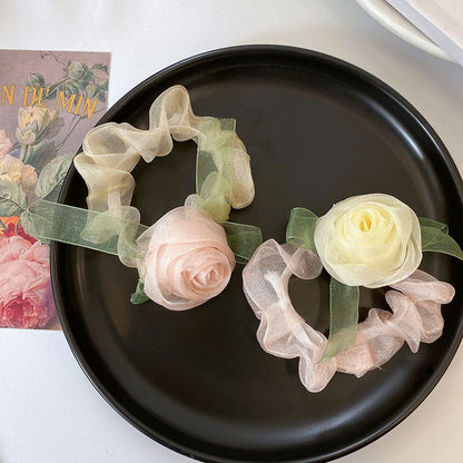 Elegant Ladies Net Yarn Rose Flower Hair Rope Fashion Elastic Sweet Hair Scrunchies-FGH02