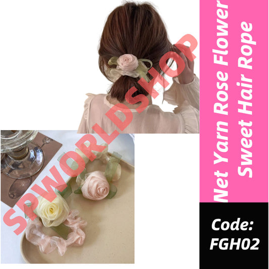 Elegant Ladies Net Yarn Rose Flower Hair Rope Fashion Elastic Sweet Hair Scrunchies-FGH02