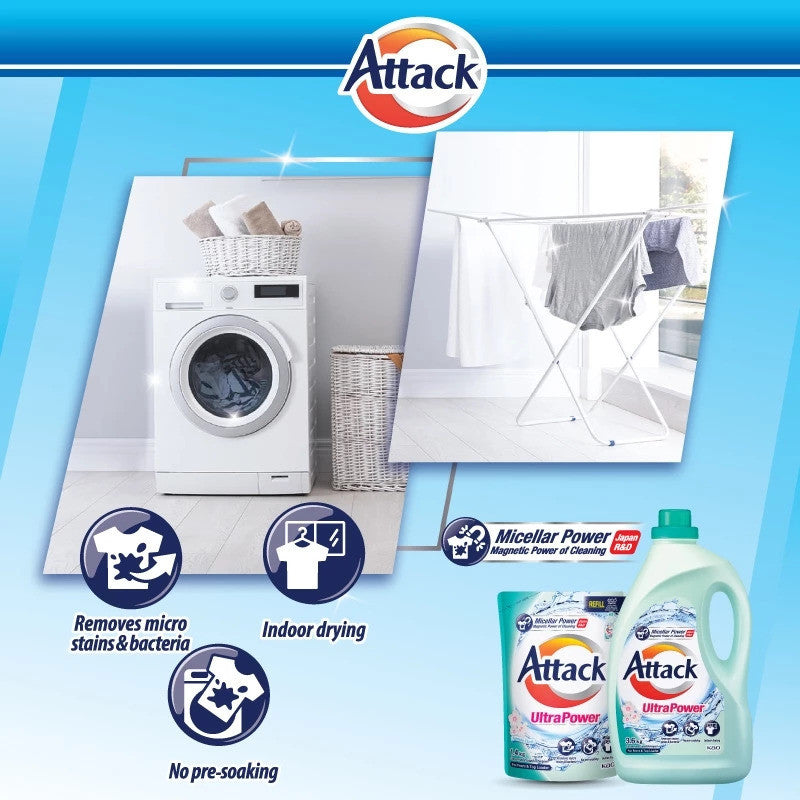 [VALUE PACK] Kao Attack Liquid Laundry Detergent 3.6kg | 1 Box of 3 Bottles | Advanced Anti-Bacterial Formula | Sabun Basuh Baju Cecair Kao Attack 花王强力去渍洗衣液 超值家庭装 洁净如新