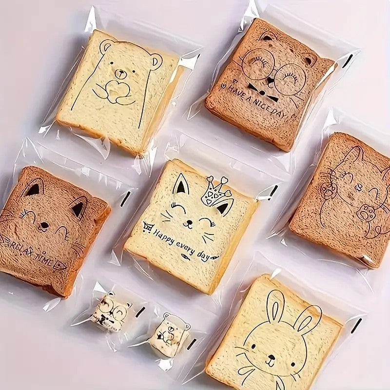 Cute Cartoon Transparent Self-adhesive Bread Bag Oil-proof Large Capacity Portable Bread Treat Bags-15180PP
