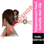 Retro Pearl Camellia Bow Hair Clips Fashion Metal Shark Clips Elegant Ponytail Headwear Hair Accessories-CSW1021