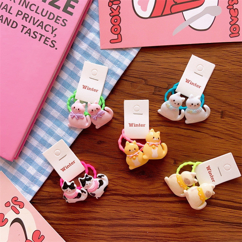 2pcs/set New Cute Resin Cartoon Cat wearing garland scarf Hair Rope Series-CSW9512