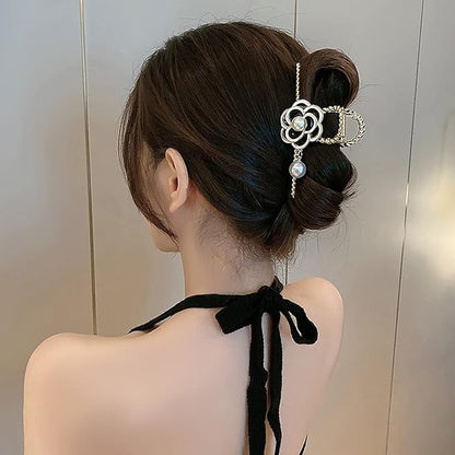 Retro Pearl Camellia Bow Hair Clips Fashion Metal Shark Clips Elegant Ponytail Headwear Hair Accessories-CSW1021