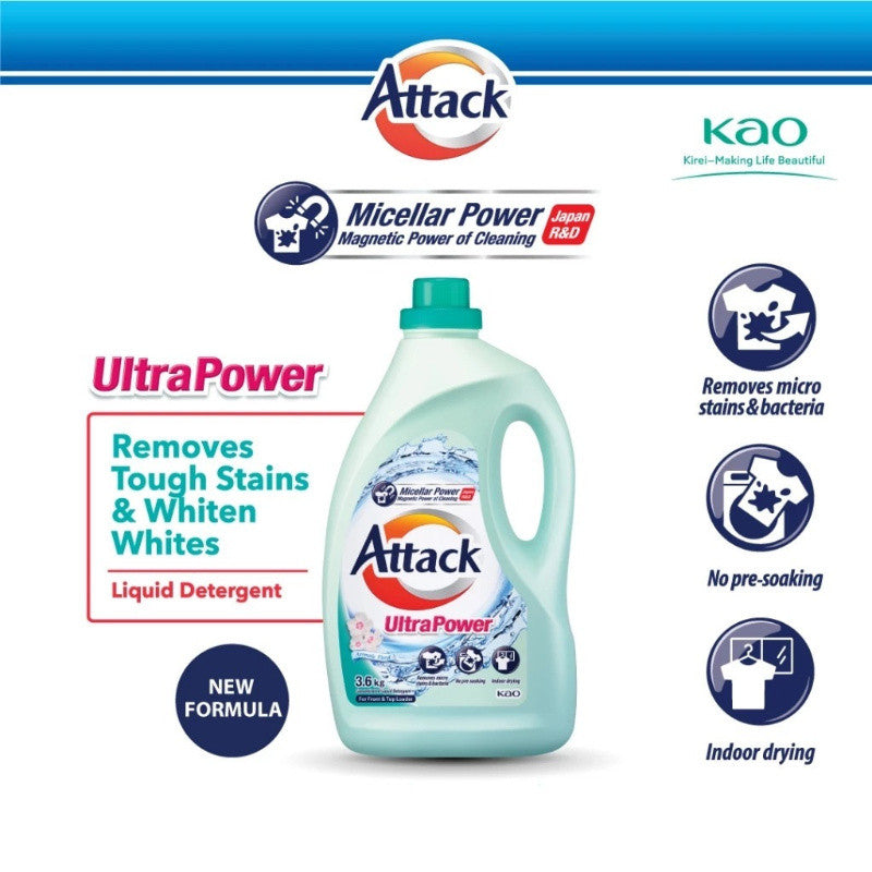 【READY STOCK】KAO ATTACK Liquid Detergent - 3.6kg (Ultra Power/Perfume Floral/Colour/Perfume Fruity/Softener)