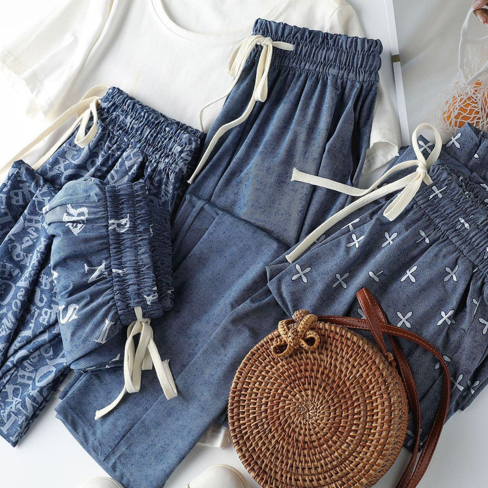 【FreeSize】Versatile Thin High-Waist Ice Silk Denim Straight-Leg Cool Pants Wide-Leg Loose Casual Pants J001