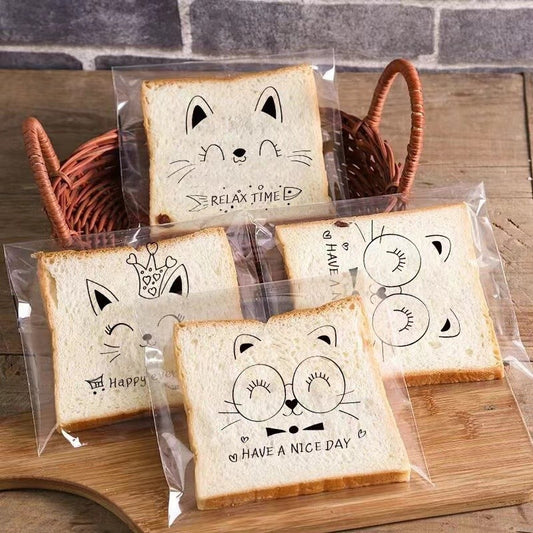 Cute Cartoon Transparent Self-adhesive Bread Bag Oil-proof Large Capacity Portable Bread Treat Bags-15180PP