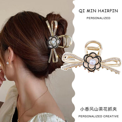 Retro Pearl Camellia Bow Hair Clips Fashion Metal Shark Clips Elegant Ponytail Headwear Hair Accessories-CSW1021