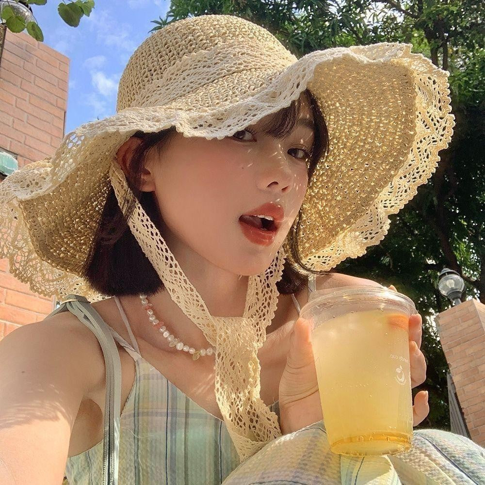 【READY STOCK】Straw Sun Hat | Pastoral Beach Wide Brim Hat UV Protection Cap | Topi Jerami Wanita Pantai |防晒出游草帽