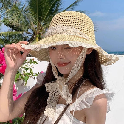 【READY STOCK】Straw Sun Hat | Pastoral Beach Wide Brim Hat UV Protection Cap | Topi Jerami Wanita Pantai |防晒出游草帽