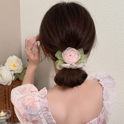 Elegant Ladies Net Yarn Rose Flower Hair Rope Fashion Elastic Sweet Hair Scrunchies-FGH02