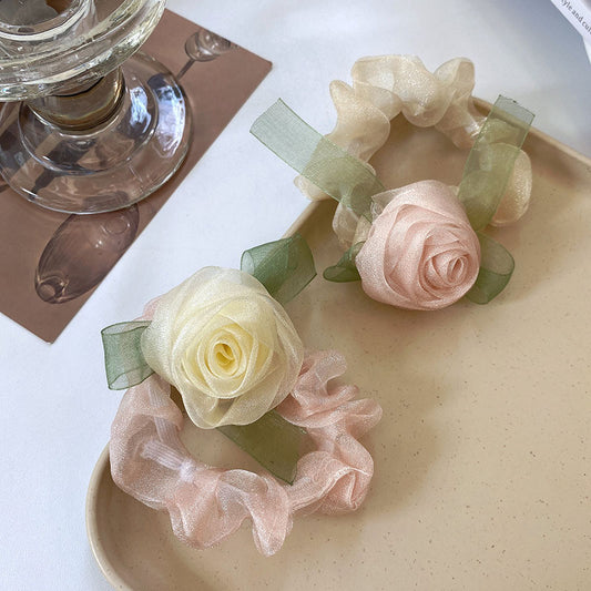 Elegant Ladies Net Yarn Rose Flower Hair Rope Fashion Elastic Sweet Hair Scrunchies-FGH02