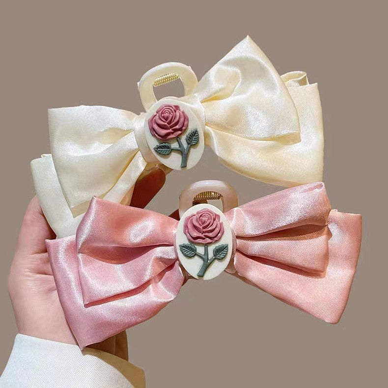 Pink Flower Hair Clip Bowknot Hairpin Ponytail Holder Cute Hairpin Hair Accessories-CSW58