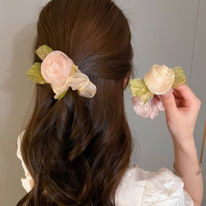 Elegant Ladies Net Yarn Rose Flower Hair Rope Fashion Elastic Sweet Hair Scrunchies-FGH02