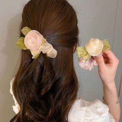 Elegant Ladies Net Yarn Rose Flower Hair Rope Fashion Elastic Sweet Hair Scrunchies-FGH02