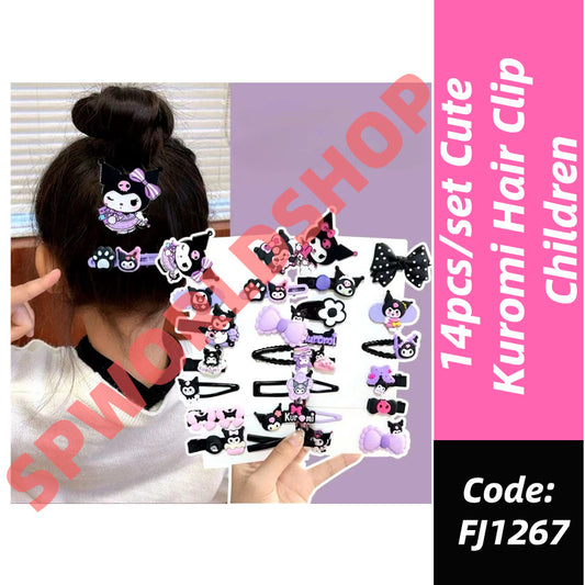 14Pcs/set Kawaii Cute Kuromi Stretch Bow Hair Clip For Kids Side Bangs Clip Headdress-FJ1267