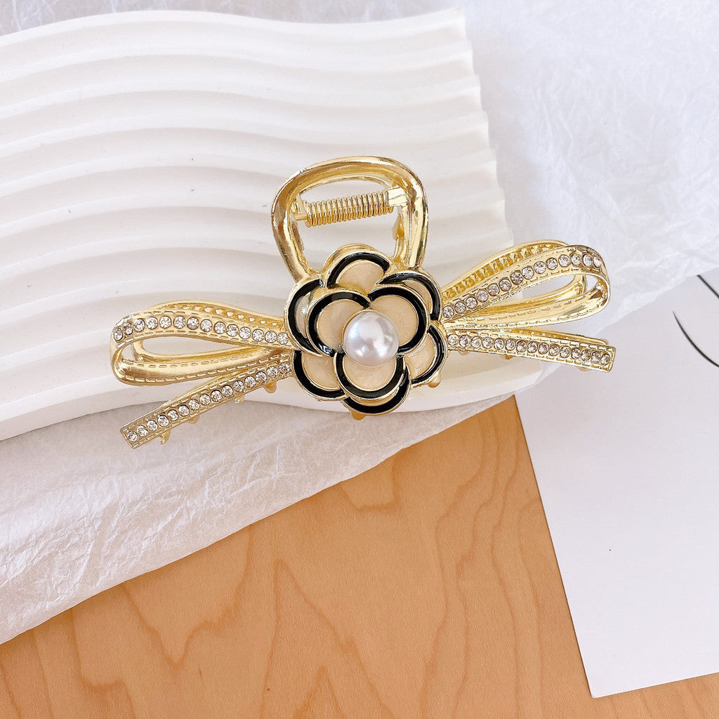 Retro Pearl Camellia Bow Hair Clips Fashion Metal Shark Clips Elegant Ponytail Headwear Hair Accessories-CSW1021