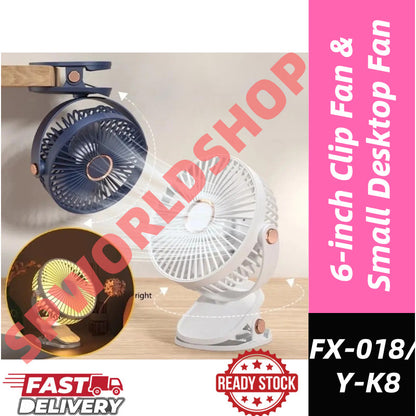 【READY STOCK】6-Inch Clip Fan & Mini Desktop Fan | USB Rechargeable Portable Personal Fan for Home/Office 夹式风扇 & 桌面小风扇