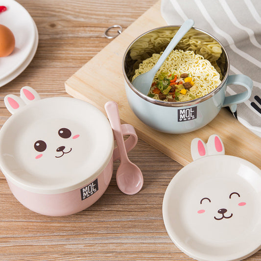 READY STOCK!!! Stainless Steel Instant Noodles Bowl | Double-Layer Anti-Scalding Bowl with Cute Bunny Lid  Spoon  不锈钢泡面碗
