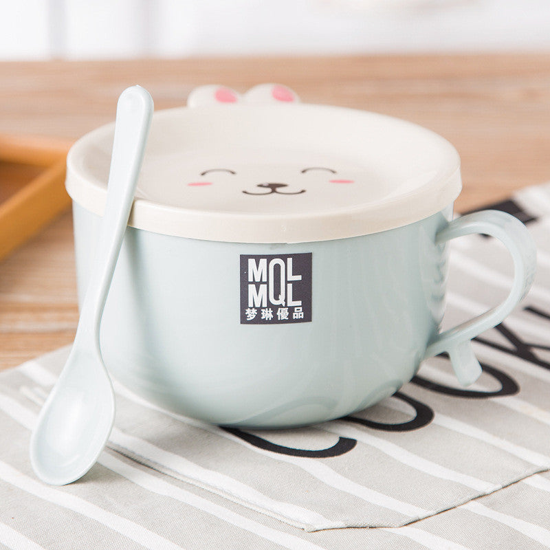 READY STOCK!!! Stainless Steel Instant Noodles Bowl | Double-Layer Anti-Scalding Bowl with Cute Bunny Lid  Spoon  不锈钢泡面碗