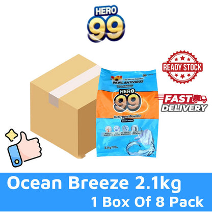 [READY STOCK] HERO 99 Detergent Powder 2.1KG | Powerful Stain Removal | Fresh Scent Laundry Detergent 1 Box 8 Pack