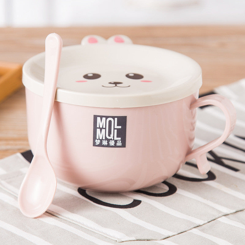 READY STOCK!!! Stainless Steel Instant Noodles Bowl | Double-Layer Anti-Scalding Bowl with Cute Bunny Lid  Spoon  不锈钢泡面碗