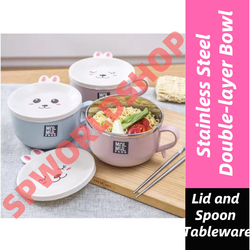 READY STOCK!!! Stainless Steel Instant Noodles Bowl | Double-Layer Anti-Scalding Bowl with Cute Bunny Lid  Spoon  不锈钢泡面碗