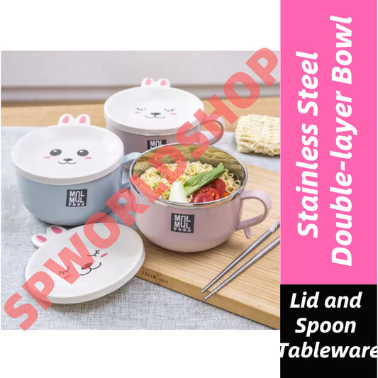 READY STOCK!!! Stainless Steel Instant Noodles Bowl | Double-Layer Anti-Scalding Bowl with Cute Bunny Lid  Spoon  不锈钢泡面碗