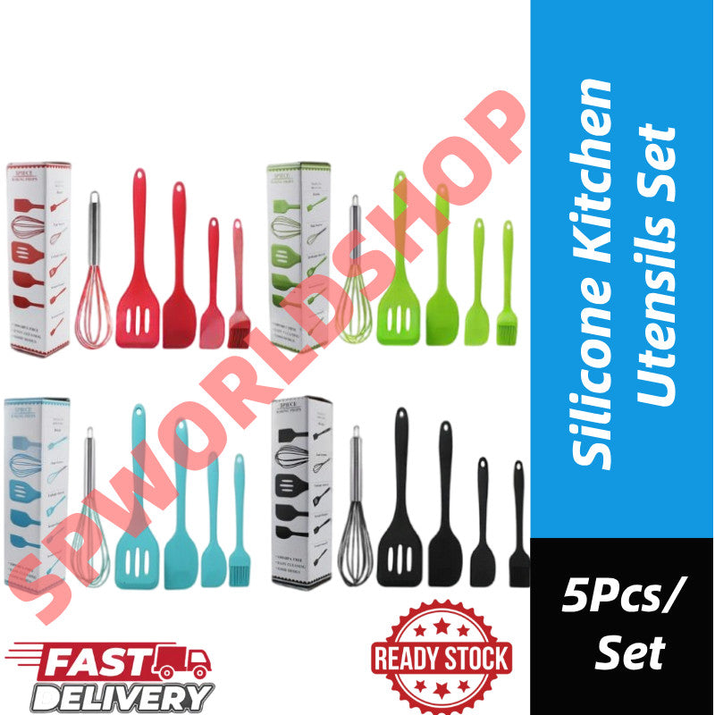 READY STOCK!!! 5Pcs Silicone Kitchen Utensils Set Including 3 Brushes and 1 Small Brush Baking Tools 硅胶烘焙工具套装