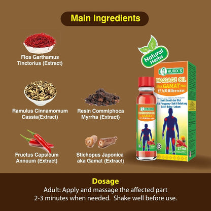 READY STOCK!!! HURIX'S Massage Oil (with Gamat Plus) 21ml Exp:11/2027 好力风痛油(含金海参)