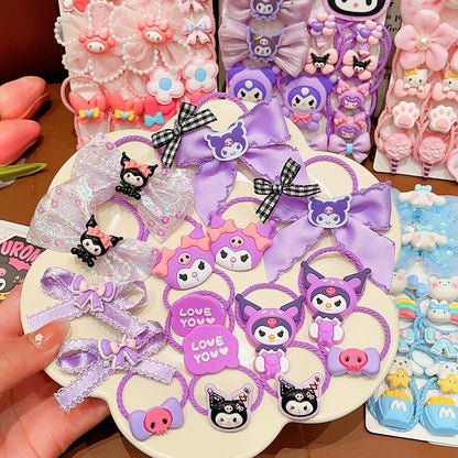 READY STOCK] 18Pcs Kuromi Hair Ties | High Elastic Bow Rubber Bands for Girls | Cute Ponytail Hair Accessories - CSW1048