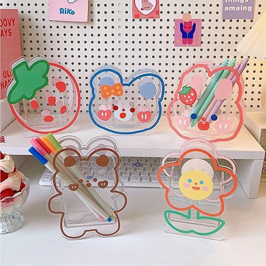 Cute Pen Holder Creative Desktop Organizer Cartoon Acrylic Transparent Office Stationery Storage Box 亚克力卡通文具收纳筒